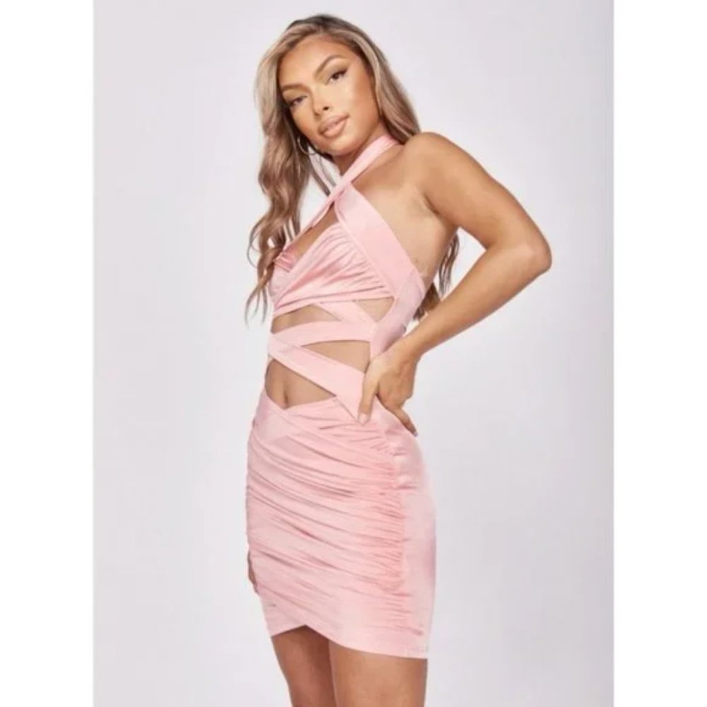 Pink Sleeveless Halter Neck Backless Cutout Wrap Bodycon Mini Dress - Picture 6 of 17